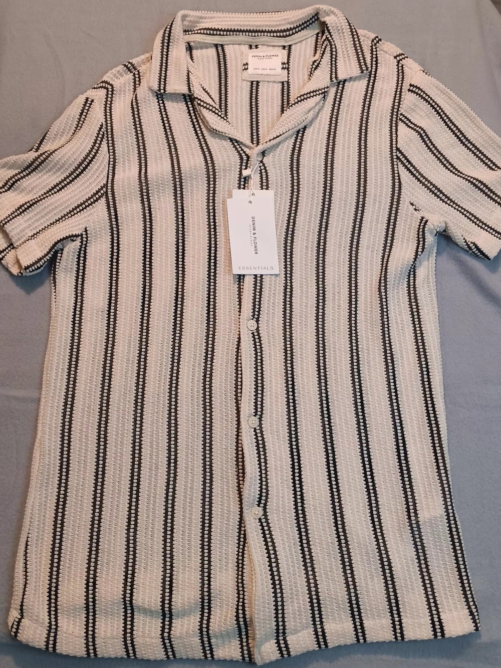 Denim & Flower Menās Short Sleeve Button-Down in Cream with Black Stripes